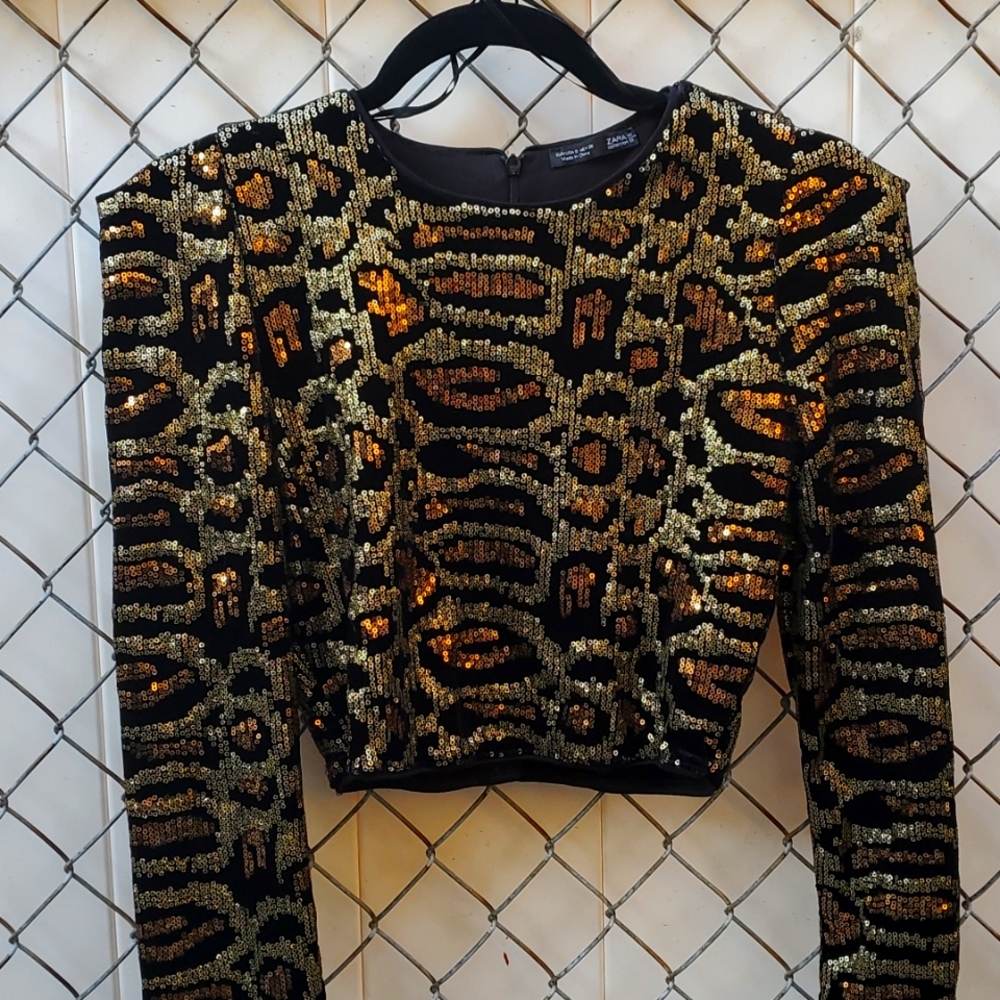Zara Black & Gold Sequin Long Sleeve Crop Top